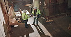 Men, handshake and clipboard at factory for timber, lumber delivery or signature for agreement. Above, woodworking and people on worksite with document, project management or shaking hands for supply