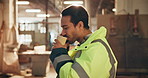 Carpentry, coffee and phone call with happy man in warehouse for feedback, report or update. Communication, contact and laughing with person drinking beverage in woodworking factory for review