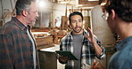 Carpentry, meeting and tablet with men in warehouse together for feedback or report. App, clipboard and collaboration with people in woodworking factory for management, online review or update