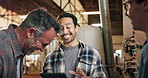 Carpentry, laughing and tablet with men in warehouse together for project management. Collaboration, discussion and funny with happy people in woodworking factory for feedback, report or review