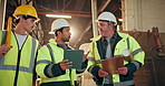 Team, tablet and clipboard in factory with talking, blueprint or tools for construction project flare. Manager, task delegation or online floor plan with men for maintenance or remodel partnership