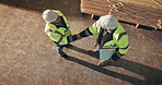 Men, handshake and clipboard at factory for lumber, timber delivery or signature for agreement. Above, woodworking and people on worksite with document, project management or shaking hands for supply
