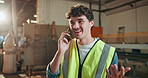 Carpentry, phone call and thinking with man in warehouse for feedback, report or update. Communication, contact and project management with person in woodworking factory for customer service