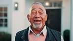 Face, old man and smile outdoor at new house, property purchase and relocation at front yard. Portrait, happy and senior person for loan approval, home lease and moving in for real estate investment
