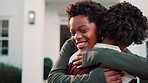 Children, friends and excited with hug at front door for holiday visit, happy reunion or welcome. Embrace, black boys or greeting outdoor at house for weekend playdate, social development and running