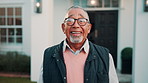Face, old man and happy outdoor at new house, property purchase and relocation at front yard. Portrait, smile and senior person with loan approval, home lease and moving in for real estate investment