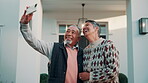Elderly, selfie and happy couple with hug in home for picture, social media or capture moment. Senior, man and woman with smile for photography app, network or post in retirement house or property