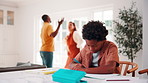 Child, homework and parents fight in house with stress, writing task or distraction from learning. Sad, African boy and education disruption in home with conflict, mother and father argue for divorce