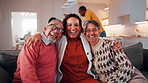 Face, happy woman and hug with senior parents in family home for connection, laugh together and love. Adult daughter, elderly father and mother embrace in living room, funny and bonding with smile