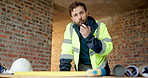 Construction site, radio and man talking for architecture, work coordination and maintenance request. Communication, architect or person with building inspection, safety compliance or progress report
