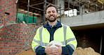 Happy, man and face of construction worker on site with confidence for building maintenance. Hard hat, smile and portrait of civil engineer with pride for renovation, infrastructure or repairs.