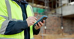 Phone, scroll and hands of construction worker on site with email for approval on infrastructure. Cellphone, man and civil engineer on mobile app for feedback on building, maintenance or repairs.