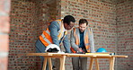 People, discussion and blueprint on construction site for collaboration, inspection or remodeling. Infrastructure, quality control and architect team for project management, property or renovation