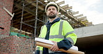 Man, thinking and construction worker with blueprint on site for ideas on building renovation. Floor plan, decision and civil engineer with inspection on infrastructure maintenance from below.