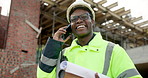 Construction site, phone call and man outdoor for building review, laugh and project coordination. Communication, architect and black person with mobile for development, progress report or funny joke