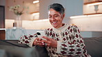 Laugh, phone and woman on sofa with texting, online communication and comic post on social media. Happy, chatting and mature person in house with tech, funny message or meme reaction on digital app.