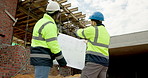 Men, engineers and blueprint on construction site for planning, explain design or renovation ideas. Team, project manager and floorplan at worksite for urban development, collab and scaffolding check