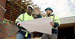People, conversation and blueprint on construction site for inspection, collaboration or remodeling. Low angle, quality control and architect team for project management, property or renovation