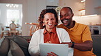 Mature, couple and tablet in home with laugh, watch funny show and love bonding together on weekend. Happy, married African people and streaming comedy film in living room with tech, humor and joke.