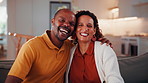 Face, hug and mature couple in house with laugh, funny joke and love bonding together on weekend. Happy, married African people and embrace in living room with humor, care and romantic relationship.