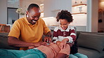 Dad, laugh and tickle children in house with family bonding together, love and humor on weekend break. Happy, African man and boys play in living room with funny joke, trust and parent care for kids.