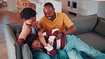 Dad, laugh and tickle children in home with family bonding together, love and humor on weekend break. Happy, African man and boys play in living room with funny joke, trust and parent care for kids.