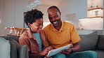 Dad, child and laugh in home with tablet, family bonding or funny joke for how to play education game. Happy, African man and son typing in living room with tech, learning or humor for online gaming.