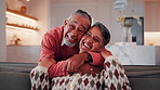 Happy, hug and face of senior couple on sofa in home with love, bonding or connection in marriage. Smile, relax and portrait of elderly man embracing woman in living room with affection in house.