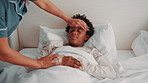 Forehead, hand and parent with sick child on bed, health check and monitor body temperature in house. Childcare, mom and person with concern for black kid, support or boy with flu symptoms in bedroom