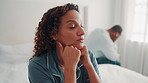 Tired, couple or woman in bedroom with argument, fight or frustrated in toxic relationship. Tension, fatigue or people in home with disagreement, partner disappointment or mistake in marriage crisis.
