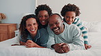 Fun, stack and black family on bed with face, security or bonding together on day off. Support, parents or children in house with portrait, happy moment or playful relationship on weekend break.