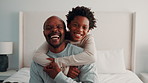 Happy, hug and face of father with kid on bed in home for bonding, love and connection together. Laugh, portrait and African child embracing dad for safety, support and trust in family at house.
