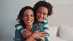 Happy, hug and face of mother with child on bed in home for bonding, love and connection together. Laugh, relax and portrait of kid embracing mom for safety, support and trust in family at house.