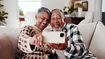 Selfie, smile and senior couple on sofa in home with bonding, love and connection in marriage. Happy, relax and elderly man with woman in retirement with photography picture for memory at house.