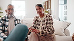 Senior, couple and discussion in therapy for conflict, explain disagreement or relationship struggle. Pensioner, people and counseling in home with therapist, marriage problem or dispute with partner