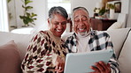 Tablet, discussion and old couple in home with laugh, funny online story and joke for bonding together. Happy, married senior people and talk in house with tech, comedy video and retirement wellness.