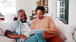 Couple, scroll and financial planning with tablet in lounge, online or investment update on website. Interracial, relationship and happy people with technology, budget review and discussion in house