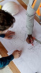 Above, blueprint and hands of construction workers on site for discussion on building or maintenance. Meeting, floor plan and civil engineers with contractor for feedback on property development.