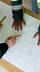 Above, floor plan and hands of construction workers on site for discussion on building or maintenance. Meeting, blueprint and civil engineers with contractor for feedback on property development.
