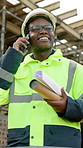 Phone call, black man and civil engineer on site with communication for approval on building plan. Happy, cellphone and construction worker on mobile discussion for feedback on repairs from below.