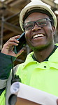 Phone call, black man and construction worker on site with communication for approval on building plan. Happy, cellphone and civil engineer on mobile discussion for feedback on property development.