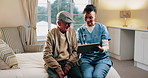 Caregiver, tablet and old man in nursing home with discussion, explain health insurance and advice. Happy, nurse and elderly person in bedroom with tech, medical aid website and healthcare support.
