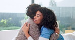 Healthcare, hugging and nurse with old woman on sofa in retirement home for assisted living. Checkup, communication and visit with caregiver embracing senior patient in apartment for love or service