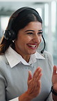 Excited, business and woman with headset at call centre, good news and positive feedback for crm. Smile, person and applause in office for celebration, sales goals and achievement of customer service