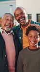 Happy, face and family in front yard with child for moving to dream house, property and new home. Portrait, generations and kid with dad, grandpa and smile for bonding, love and security for mortgage