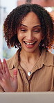 Wave, happy woman and laptop for video call, remote work and communication for ad proposal. Smile, computer and mature freelancer in webinar, greeting and discussion for marketing idea at home