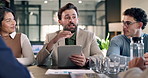 Meeting, tablet and business people in office with teamwork on finance growth with investment briefing. Research, discussion and group of financial advisors with digital technology for revenue report
