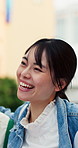 Friends, walking and happy in city with conversation for bonding, relationship or holiday with laugh. College students, women and man with communication, discussion or joke in urban town with hug