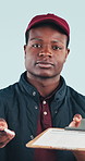Face, courier and black man with clipboard in studio for signature, logistics or supply chain. Portrait,  delivery guy and paperwork for distribution, shipping and online shopping on white background