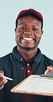 Face, courier and black man with clipboard for signature, logistics or supply chain in studio. Portrait,  delivery guy and paperwork for distribution, shipping and online shopping on white background